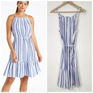 Beach Lunch Lounge Braided Belt Dress Blue White Stripe 100% Cotton Midi Large